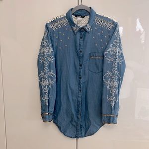 Desigual XXL denim and lace with gold embellishment & embroidery button down